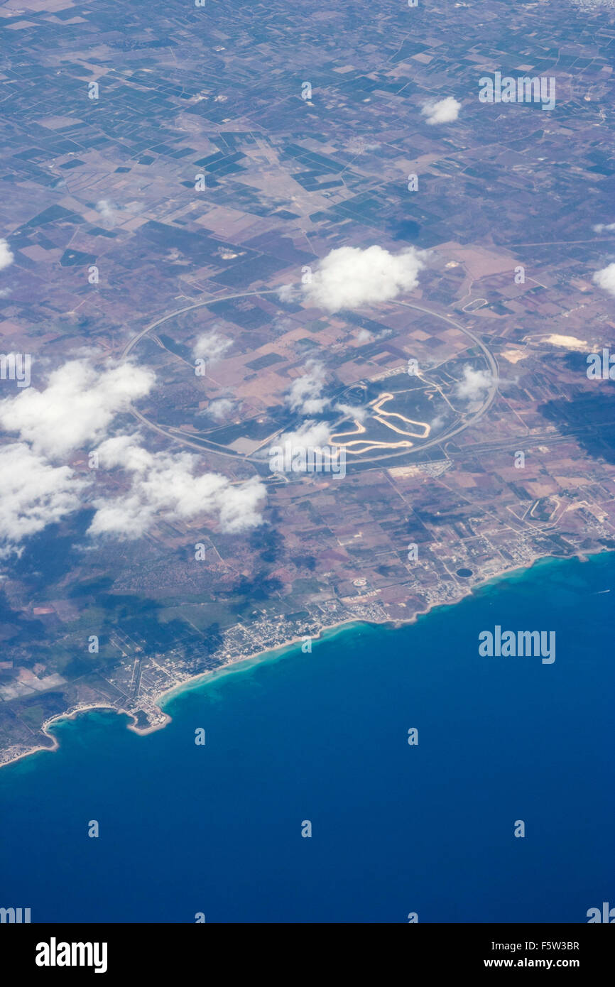 Aerial view of the circular 12 kilometre long Nardo test track, AKA Nardo  Ring, and the Italian Apulia coast. Seen from plane at 30,000 feet Stock  Photo - Alamy