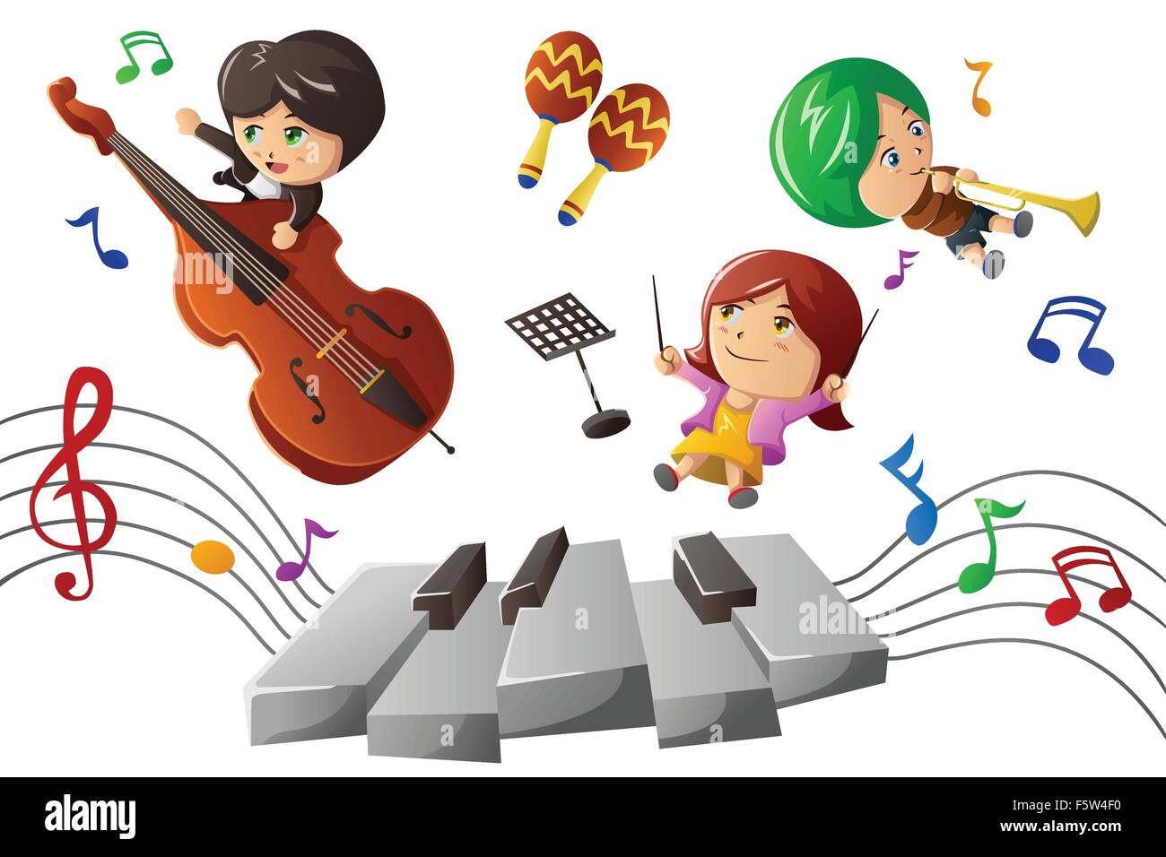 A vector illustration of happy kids enjoying playing music Stock Vector