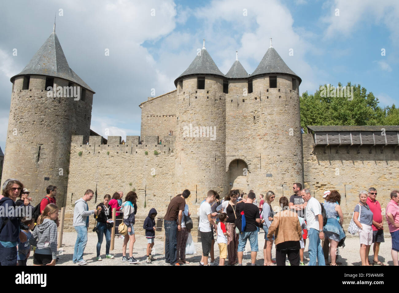 Tourists On Ramparts At Carcassonne Castle Cite Aude South France Stock Photo Alamy