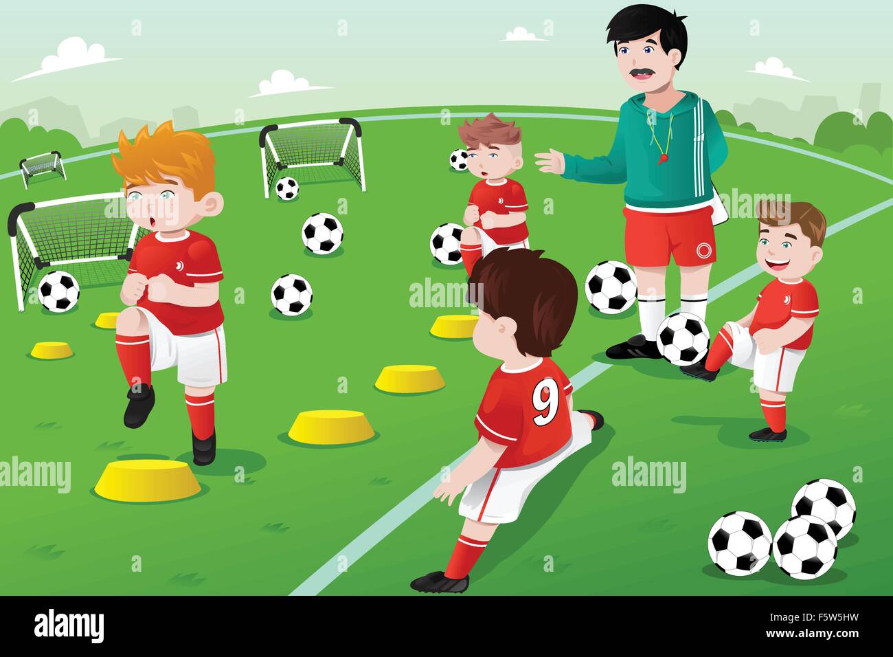 A vector illustration of kids in soccer practice Stock Vector Image