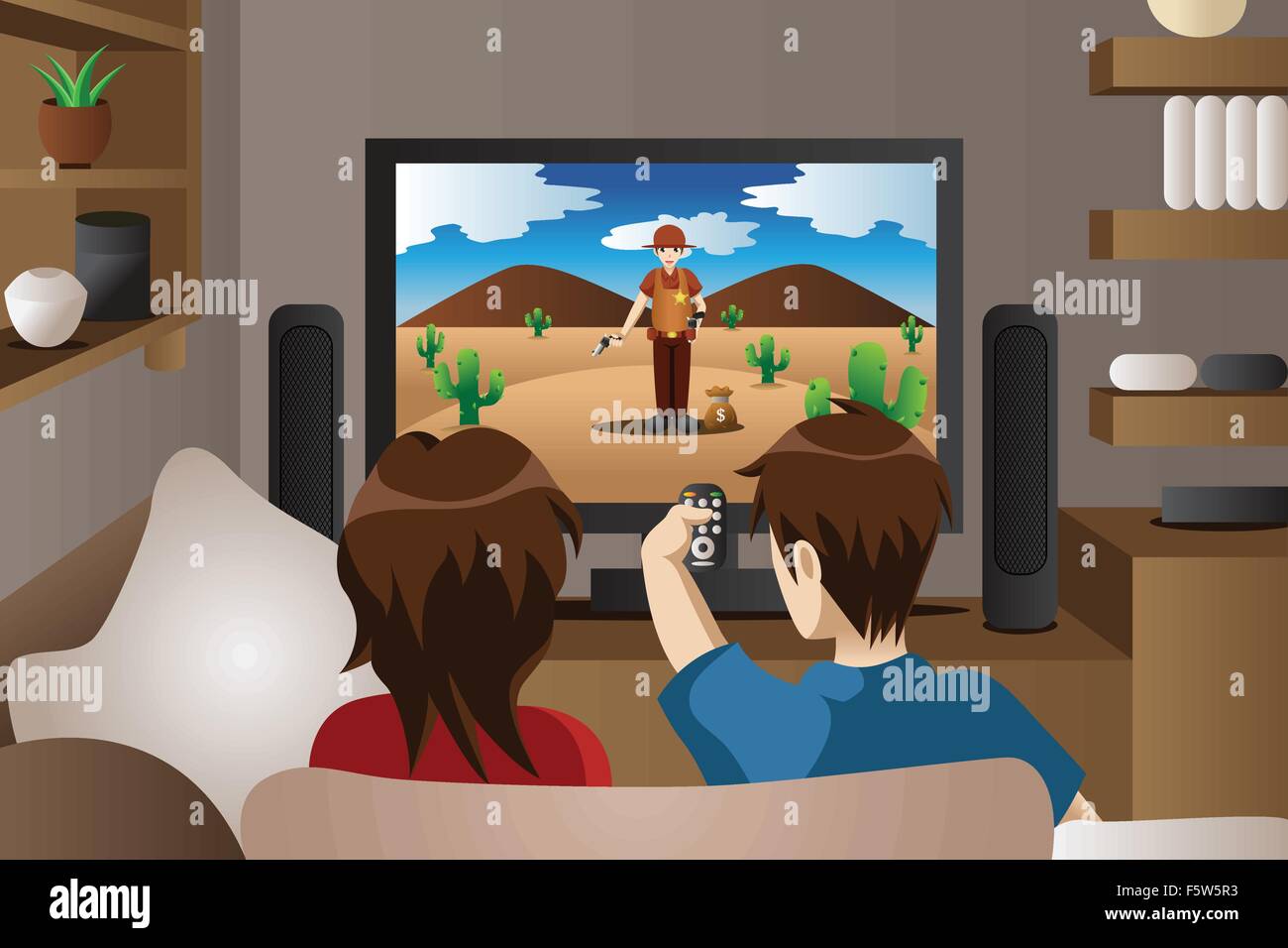 A vector illustration of modern couple watching television in the living room Stock Vector