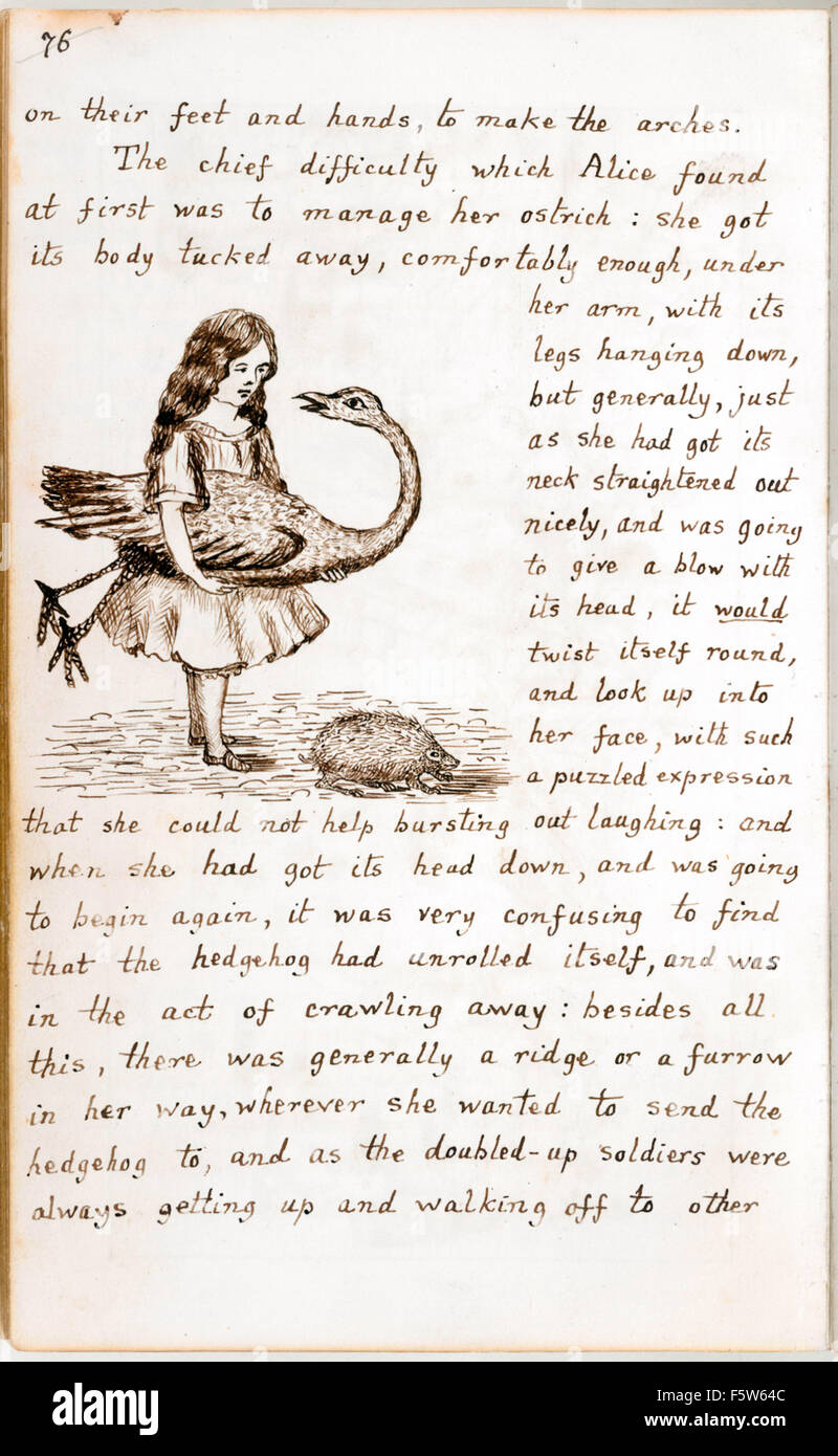 Alice trying to get the hang of her Ostrich mallet and hedgehog ball during  a game of Wonderland croquet, from the original manuscript of 'Alice's  Adventures Under Ground' by Charles Lutwidge Dodgson (