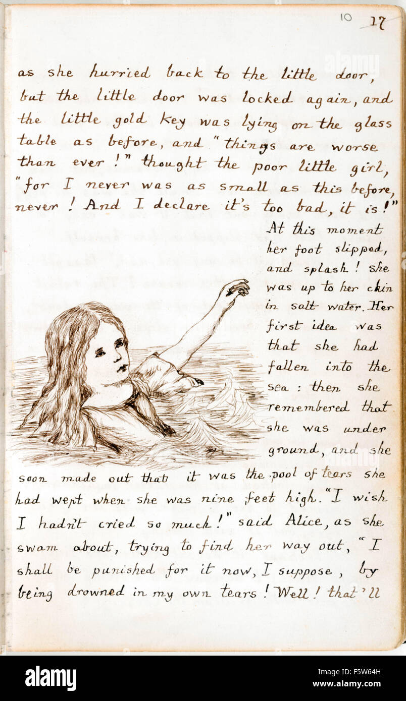 After crying, Alice shrinks and finds herself swimming in a pool of her own tears, from the original manuscript of 'Alice's Adventures Under Ground' by Charles Lutwidge Dodgson (1832-1898) given to Alice Liddell in November 1864 and published under the title ‘Alice's Adventures in Wonderland’ in 1865 under the pen-name Lewis Carroll. See description for more information. Stock Photo