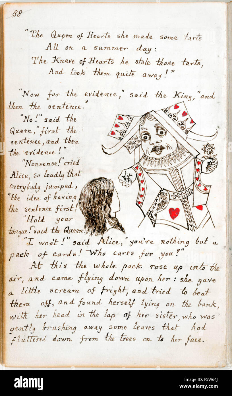 The Queen of Hearts orders Alice to 'Hold her tongue', from the original manuscript of 'Alice's Adventures Under Ground' by Charles Lutwidge Dodgson (1832-1898) given to Alice Liddell in November 1864 and published under the title ‘Alice's Adventures in Wonderland’ in 1865 under the pen-name Lewis Carroll. See description for more information. Stock Photo