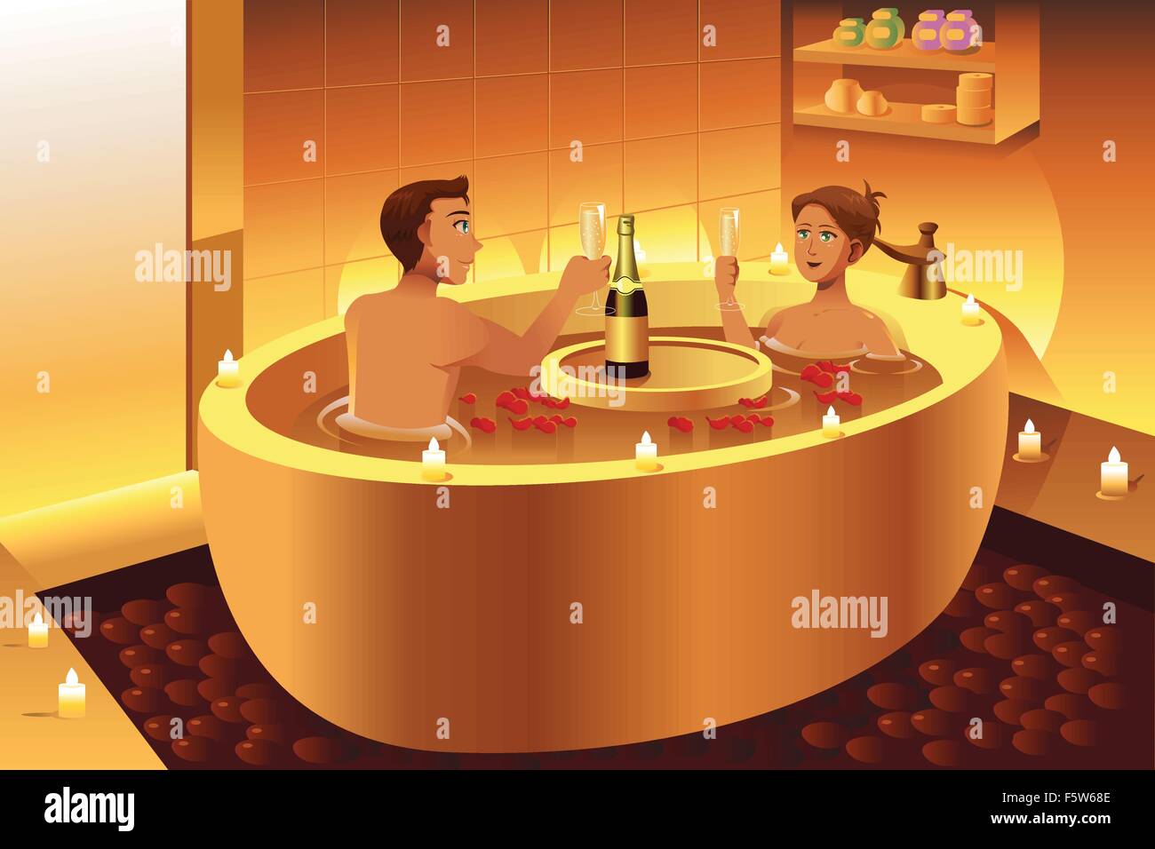 A vector illustration couple enjoying a romantic bath in a bath tub Stock Vector