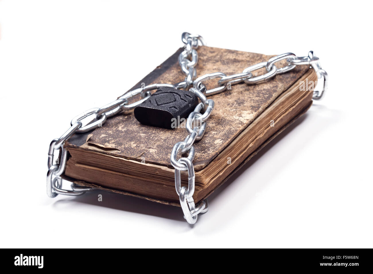 Old vintage tattered book lock with chain white background Stock Photo
