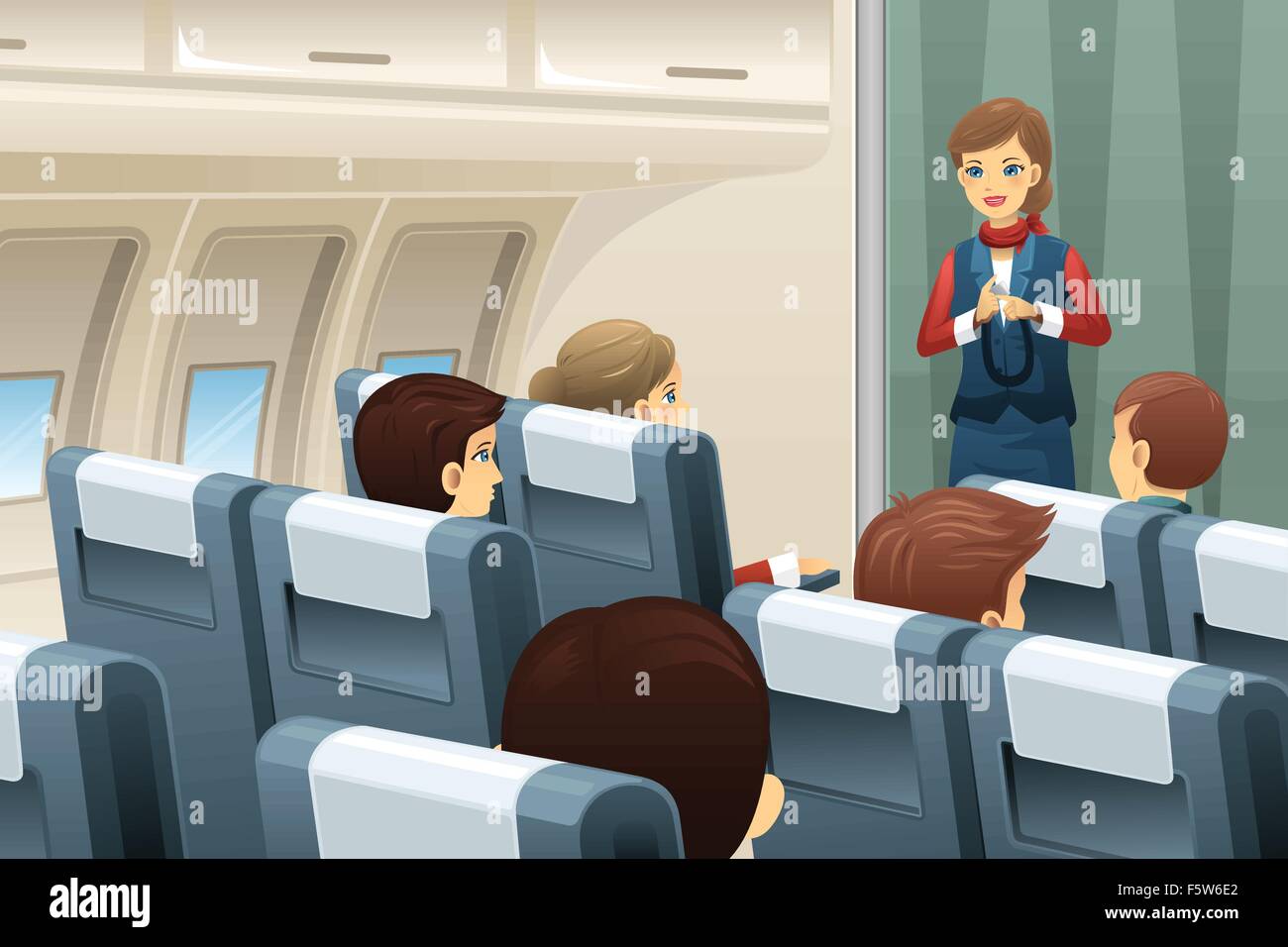 A vector illustration of flight attendant demonstrate how to fasten the seat belt to passengers Stock Vector
