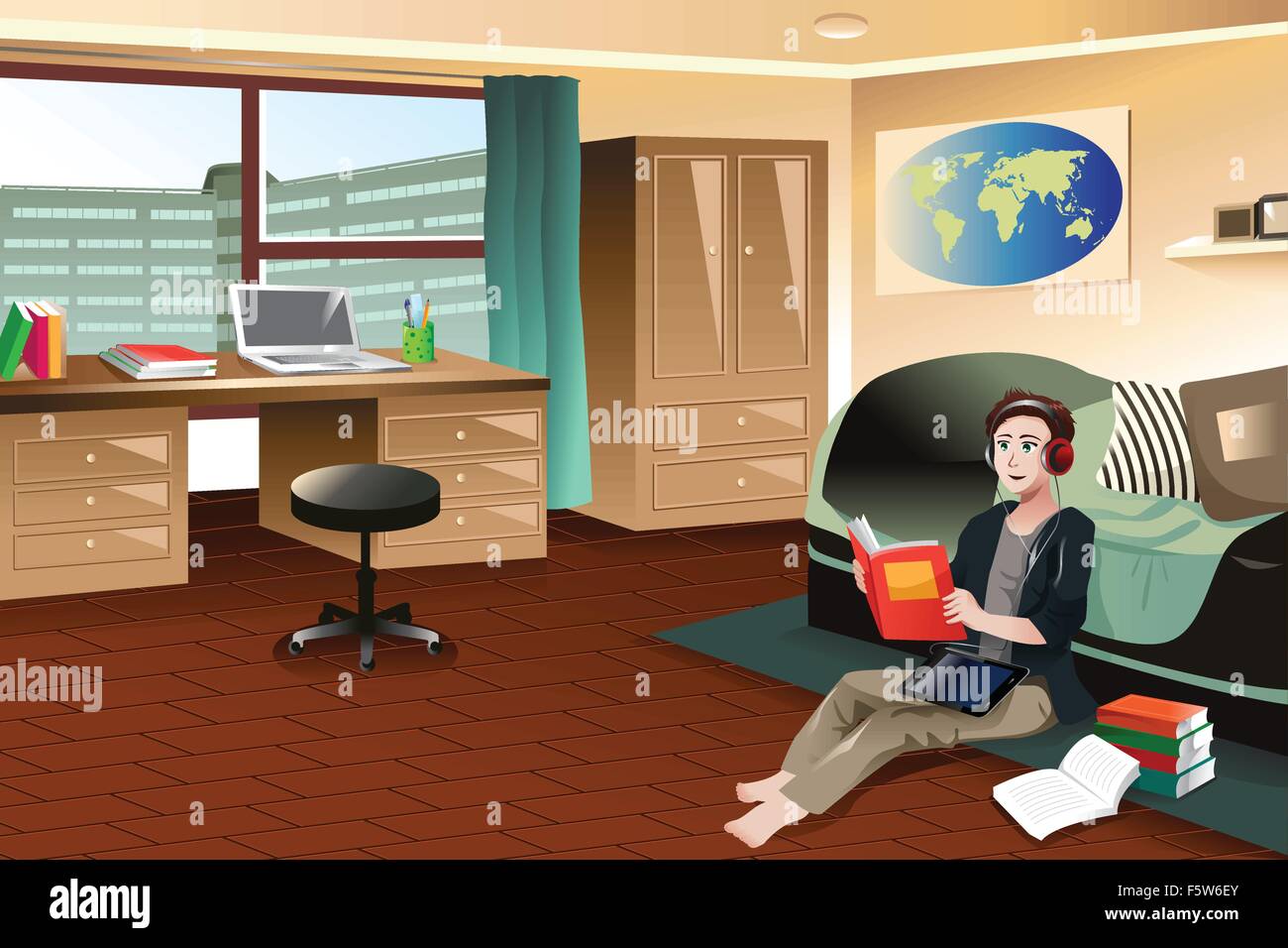 A vector illustration of college student studying while listening to music in a dorm room Stock Vector