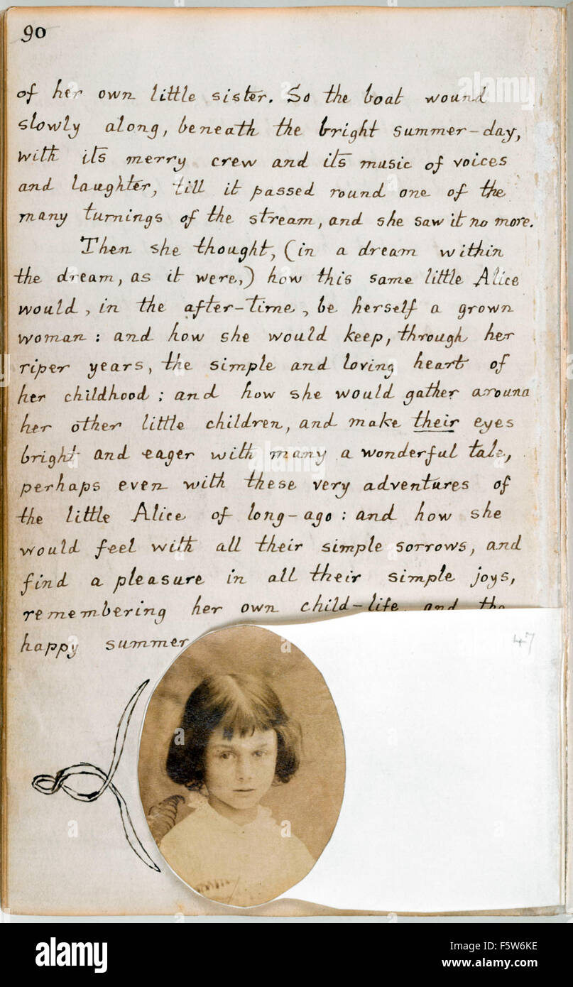 Final page featuring a photograph of Alice Liddell from the original manuscript of 'Alice's Adventures Under Ground' by Charles Lutwidge Dodgson (1832-1898) which he gave her in November 1864 and published under the title ‘Alice's Adventures in Wonderland’ in 1865 under the pen-name Lewis Carroll. See description for more information. Stock Photo