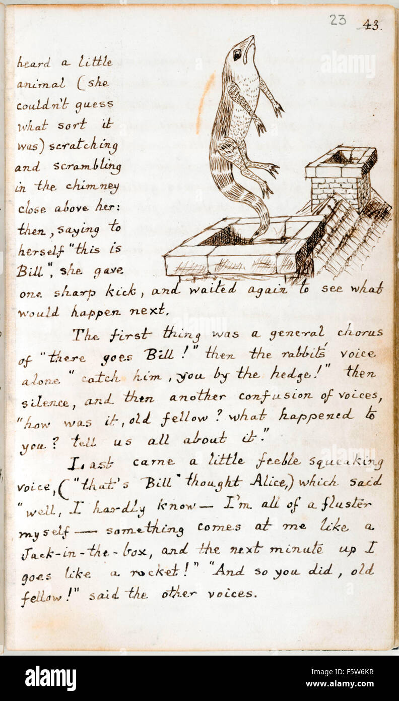 Bill the Lizard received a sharp kick from Alice and exits through the chimney, from the original manuscript of 'Alice's Adventures Under Ground' by Charles Lutwidge Dodgson (1832-1898) given to Alice Liddell in November 1864 and published under the title ‘Alice's Adventures in Wonderland’ in 1865 under the pen-name Lewis Carroll. See description for more information. Stock Photo