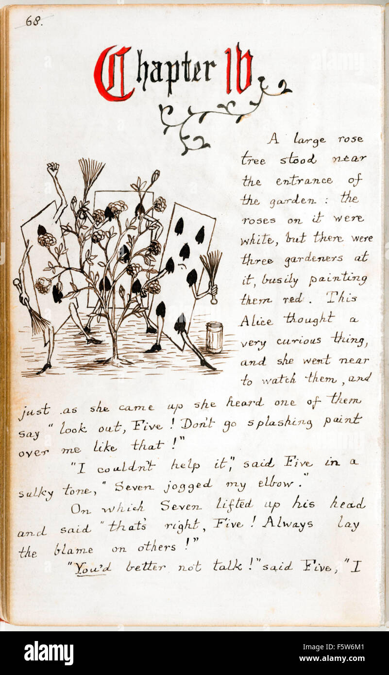 Three playing card gardeners (spades of course) painting a white rose bush red, from the original manuscript of 'Alice's Adventures Under Ground' by Charles Lutwidge Dodgson (1832-1898) given to Alice Liddell in November 1864 and published under the title ‘Alice's Adventures in Wonderland’ in 1865 under the pen-name Lewis Carroll. See description for more information. Stock Photo