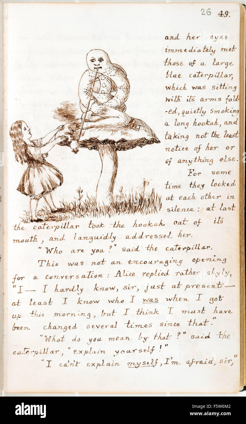 Alice meets the large blue caterpillar, from the original manuscript of 'Alice's Adventures Under Ground' by Charles Lutwidge Dodgson (1832-1898) given to Alice Liddell in November 1864 and published under the title ‘Alice's Adventures in Wonderland’ in 1865 under the pen-name Lewis Carroll. See description for more information. Stock Photo