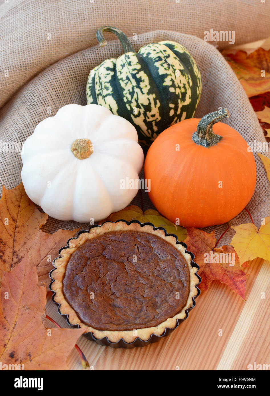 Small pumpkin pie with autumn leaves and gourds amongst burlap fabric Stock Photo