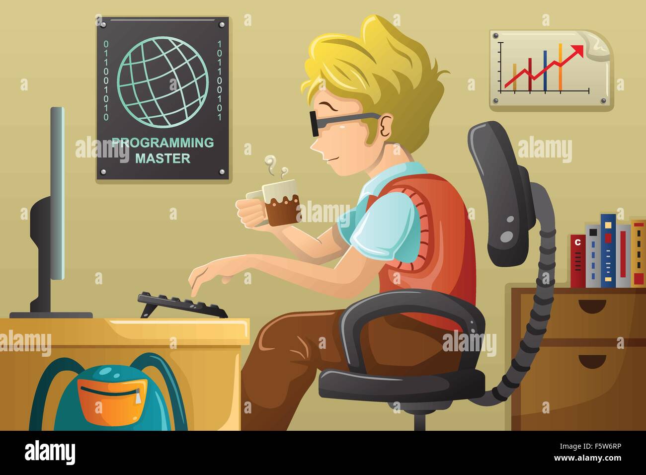 A vector illustration of computer programmer working on his computer Stock Vector