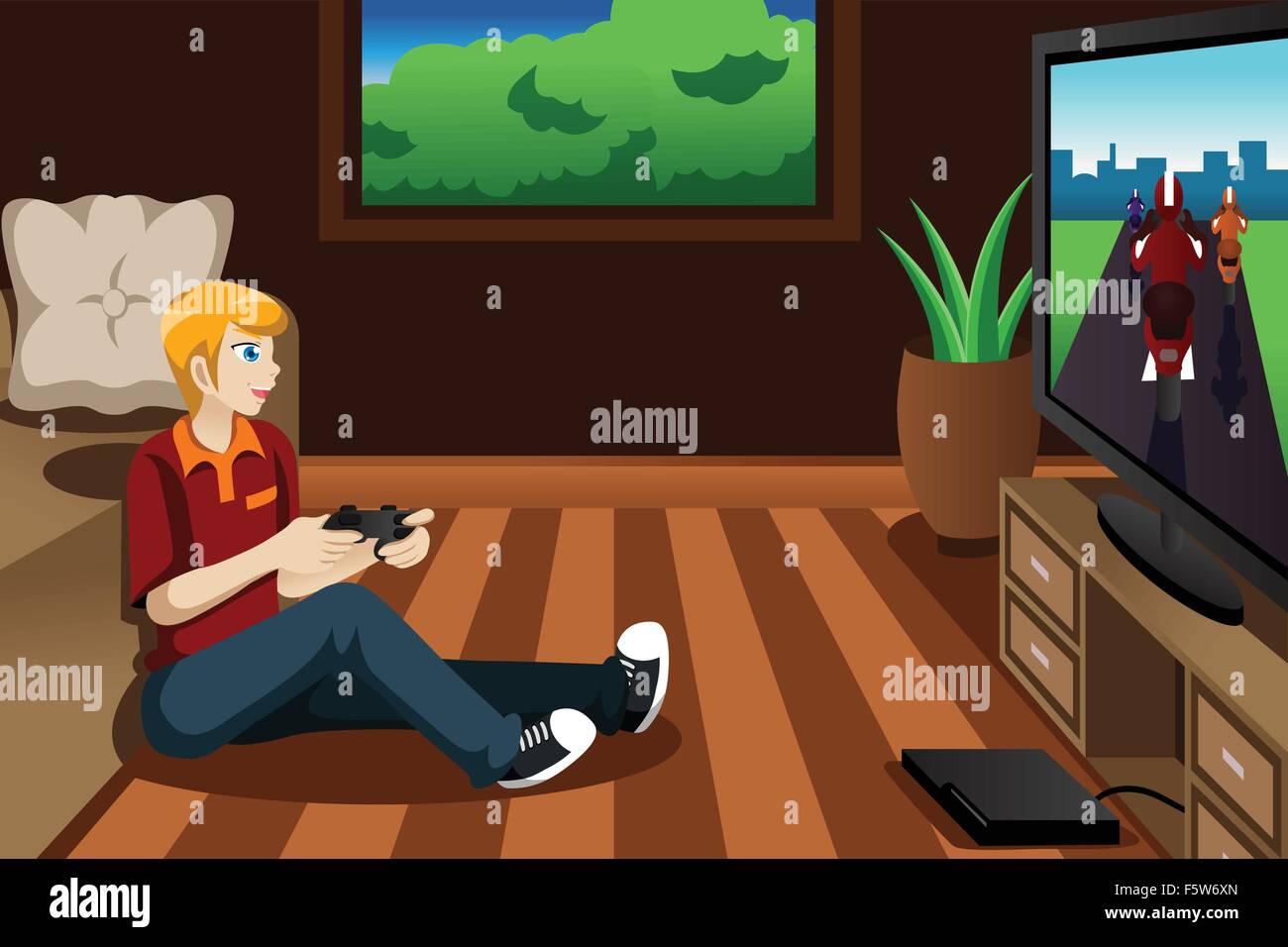 A vector illustration of man playing video game in his bedroom Stock
