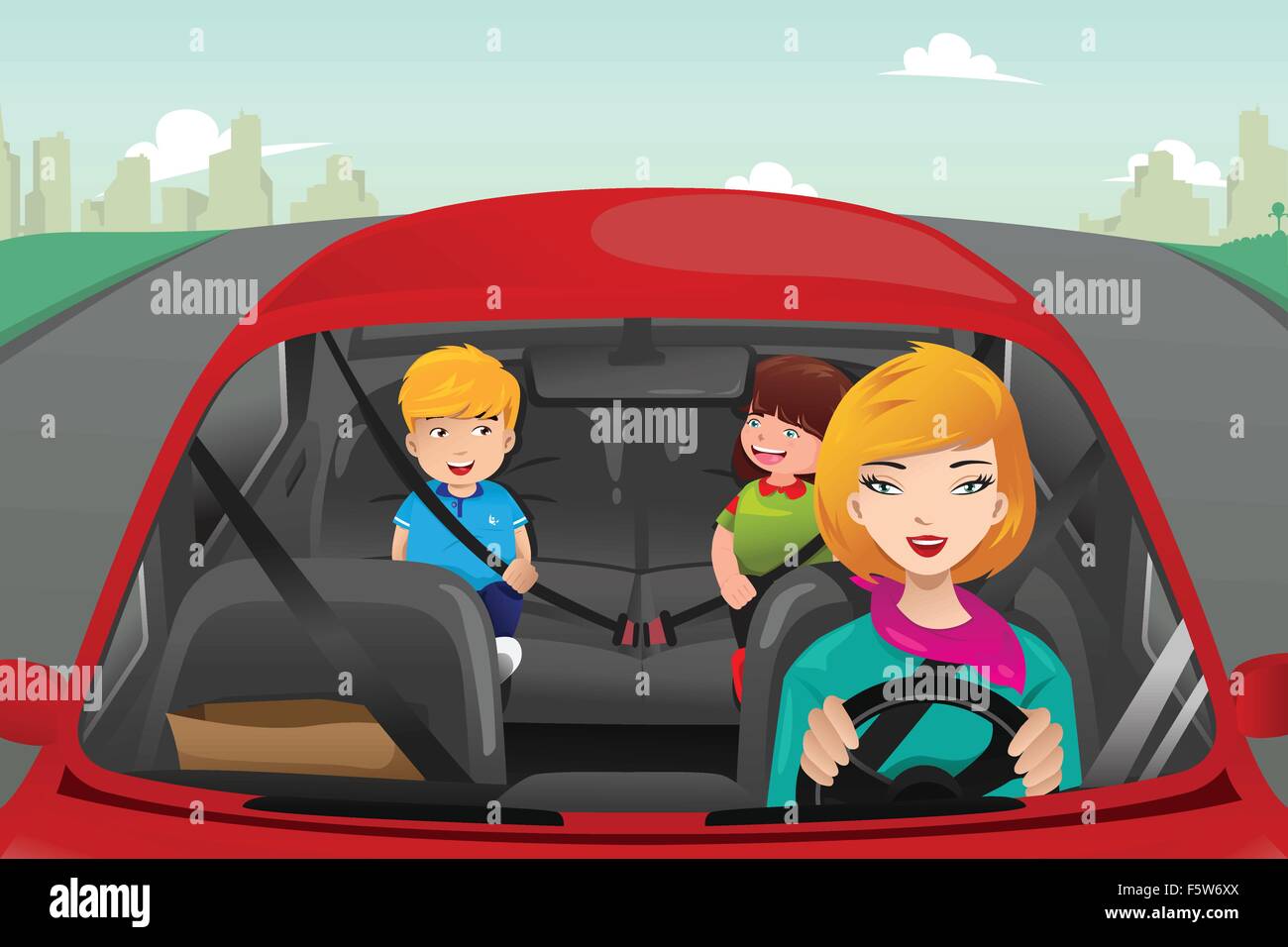 A vector illustration of mother driving with her children riding in the ...