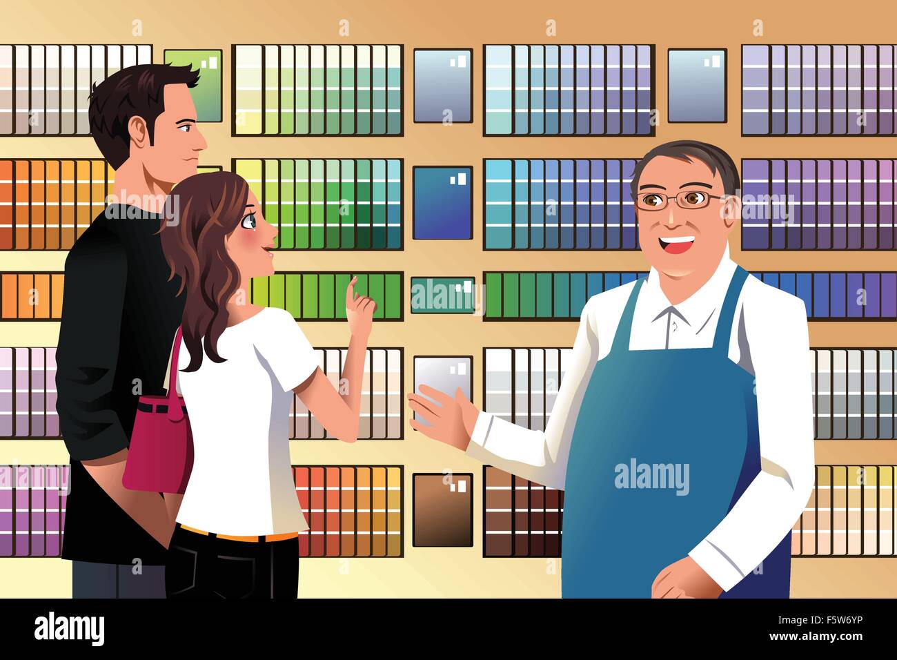 A vector illustration of couple choosing paint in a hardware store Stock Vector