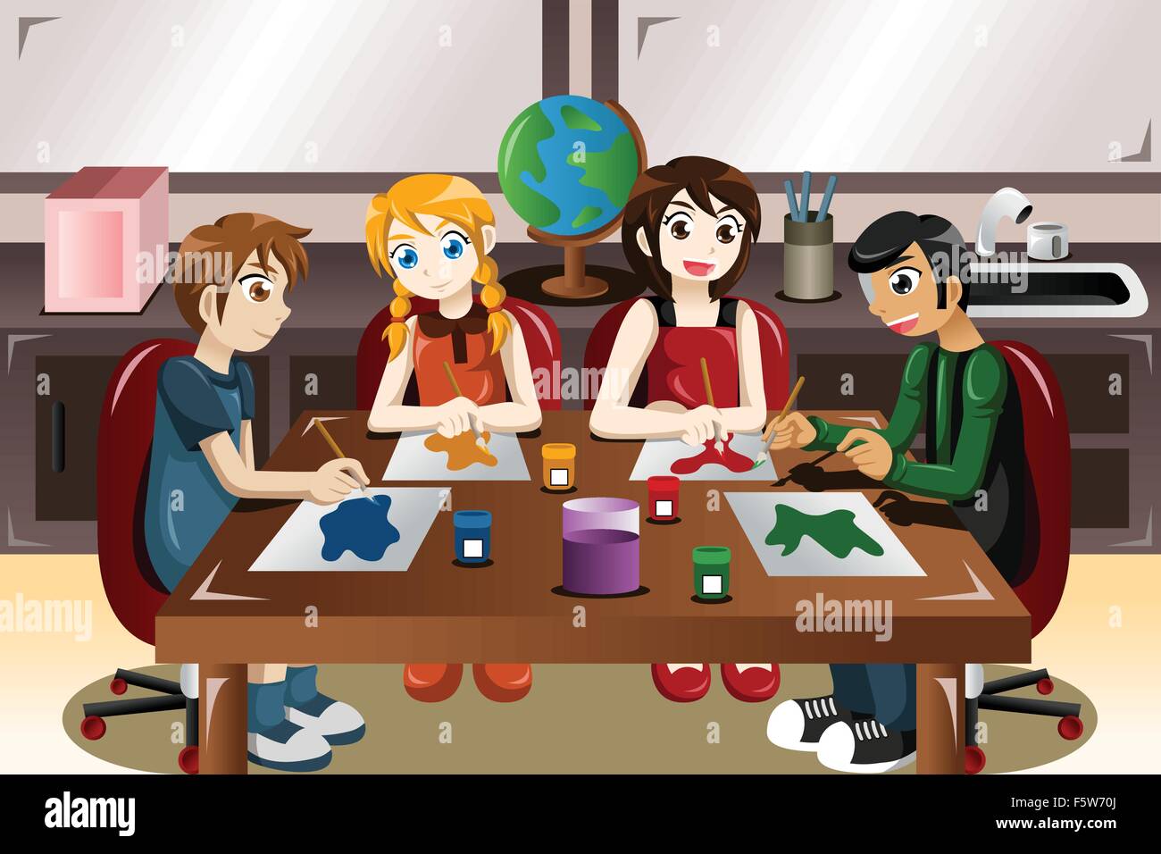 A vector illustration of kids painting together in an art class Stock ...