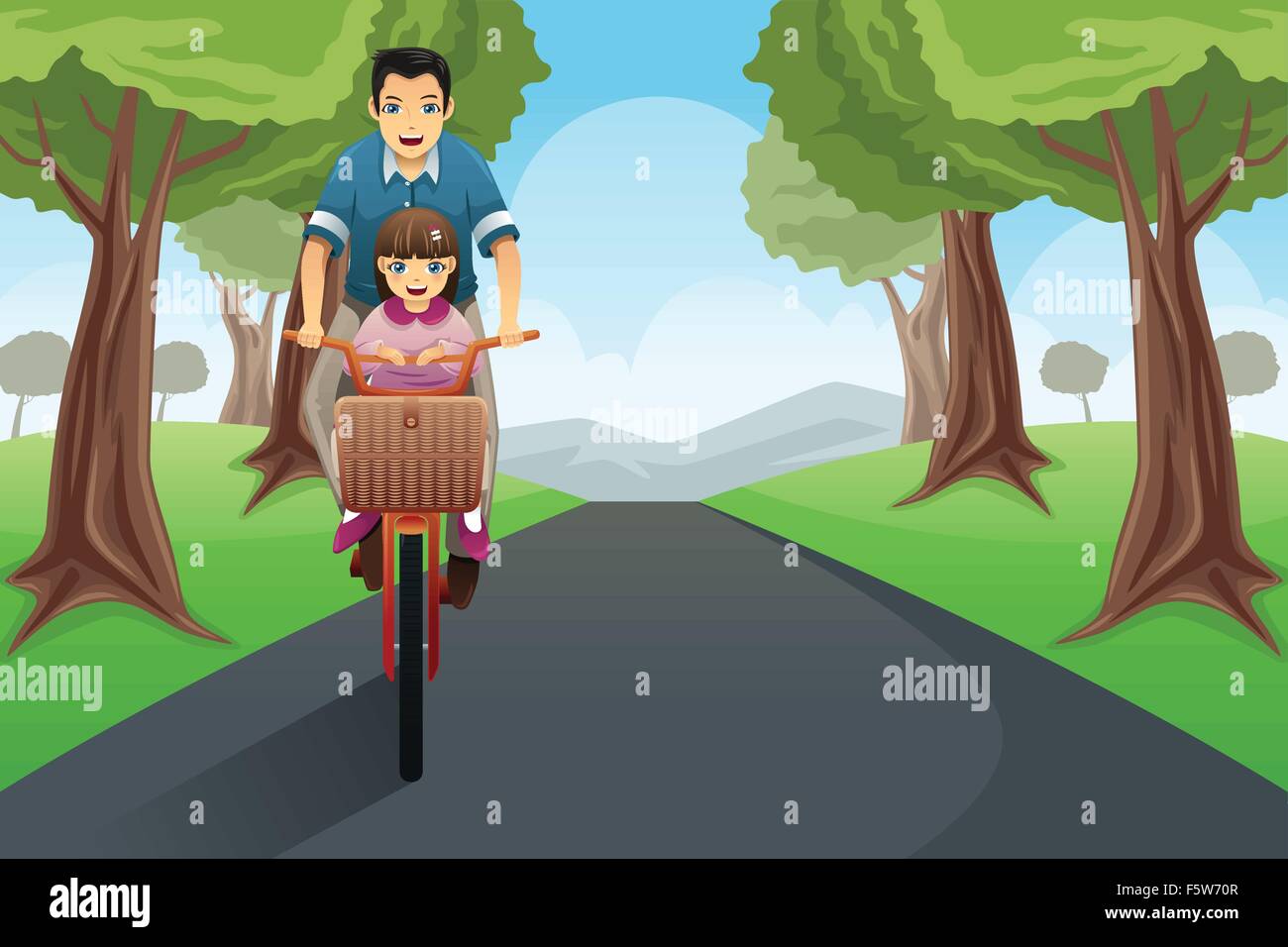 A vector illustration of dad riding a bike with daughter Stock Vector