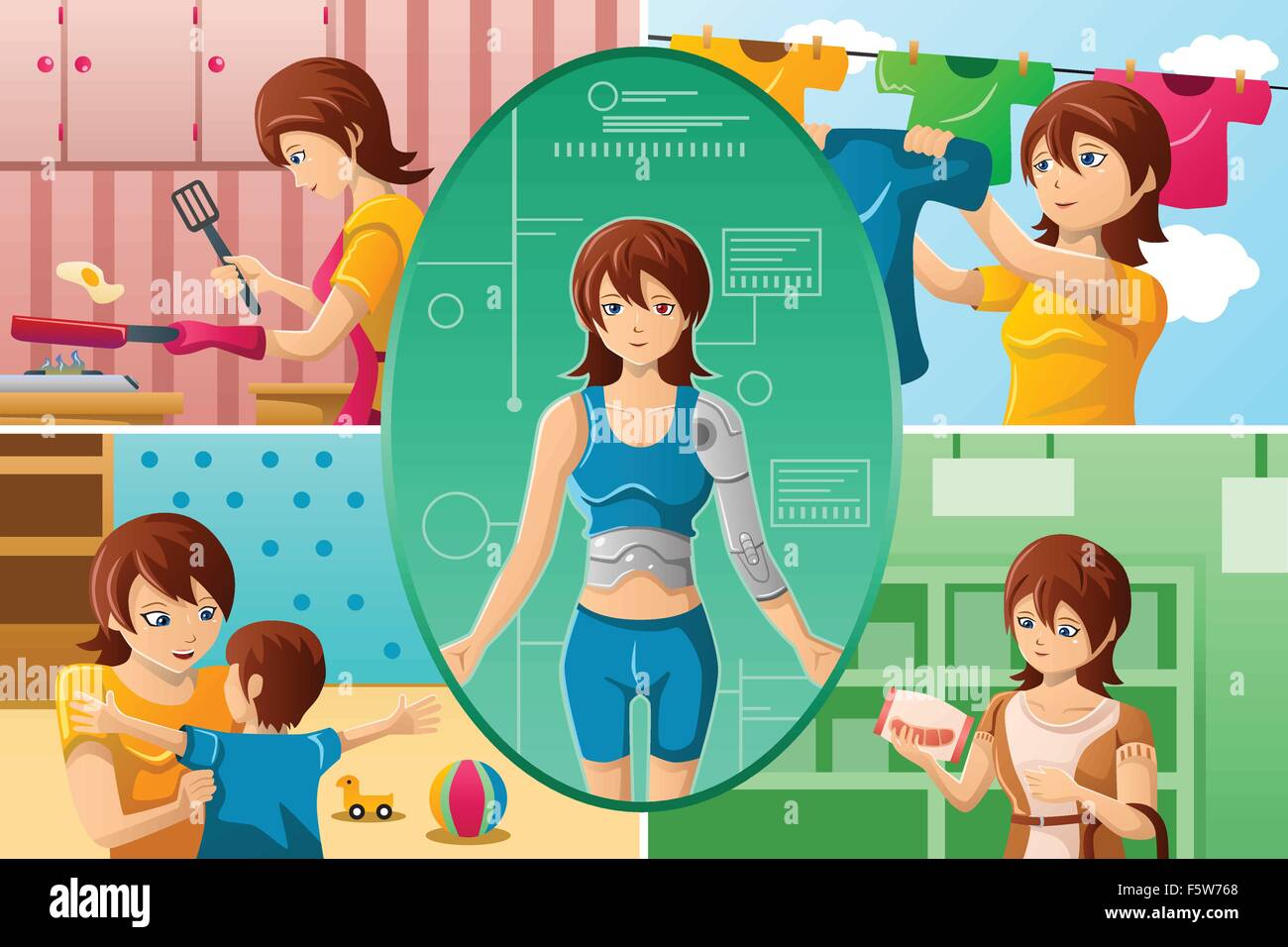 A vector illustration of housewife handling multiple tasks, portrayed as half human half machine Stock Vector