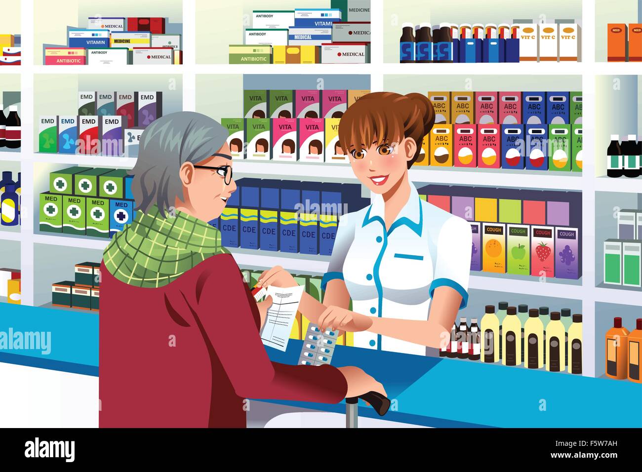 A vector illustration of pharmacist helping an elderly person in the pharmacy Stock Vector