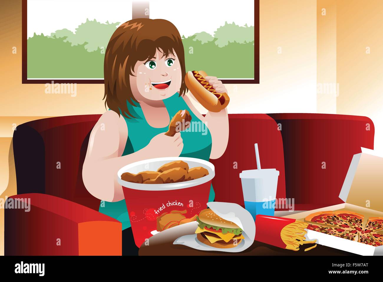A vector illustration of overweight woman eating fast food Stock Vector