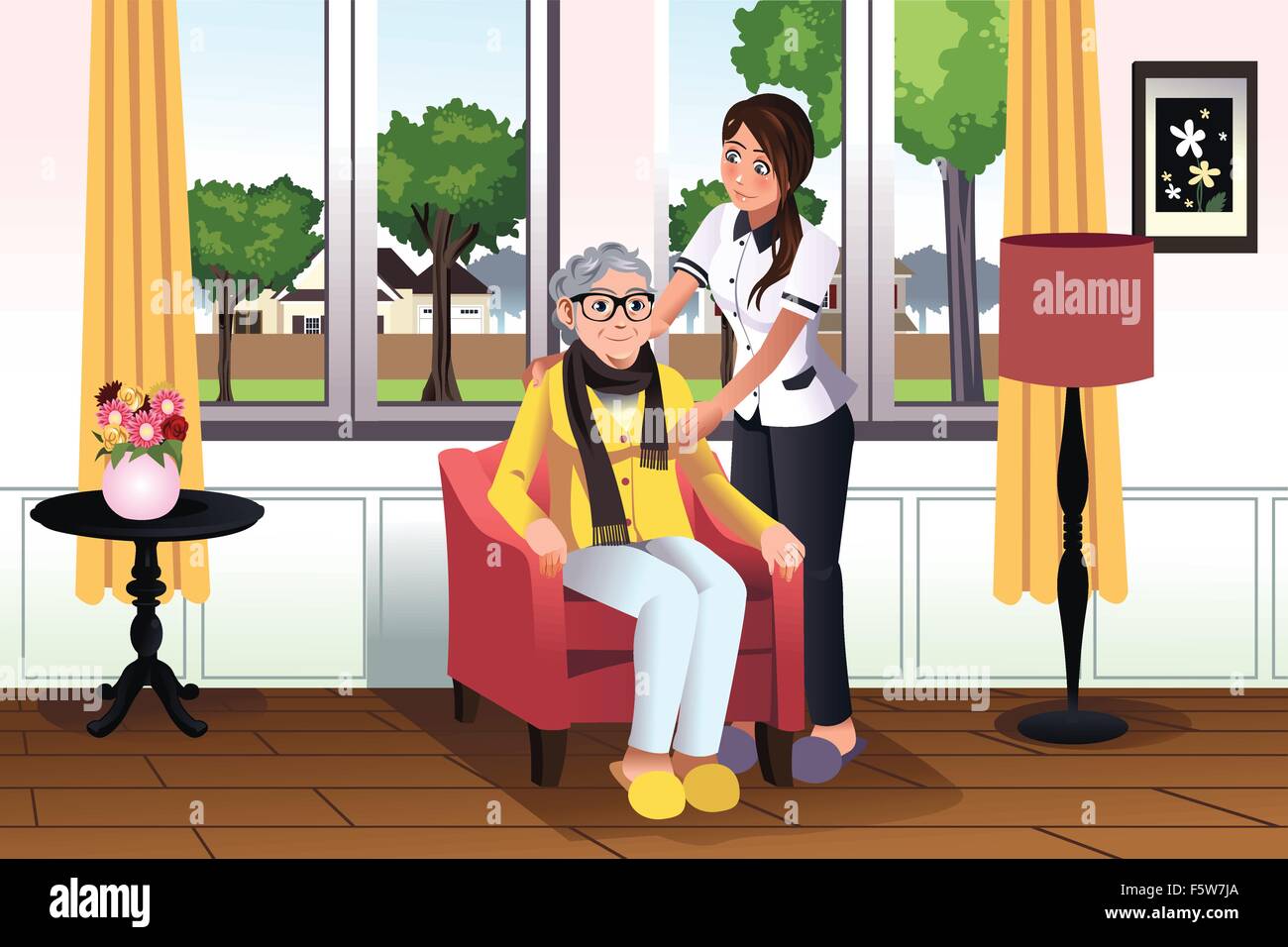 A vector illustration of young woman taking care of a senior lady Stock Vector