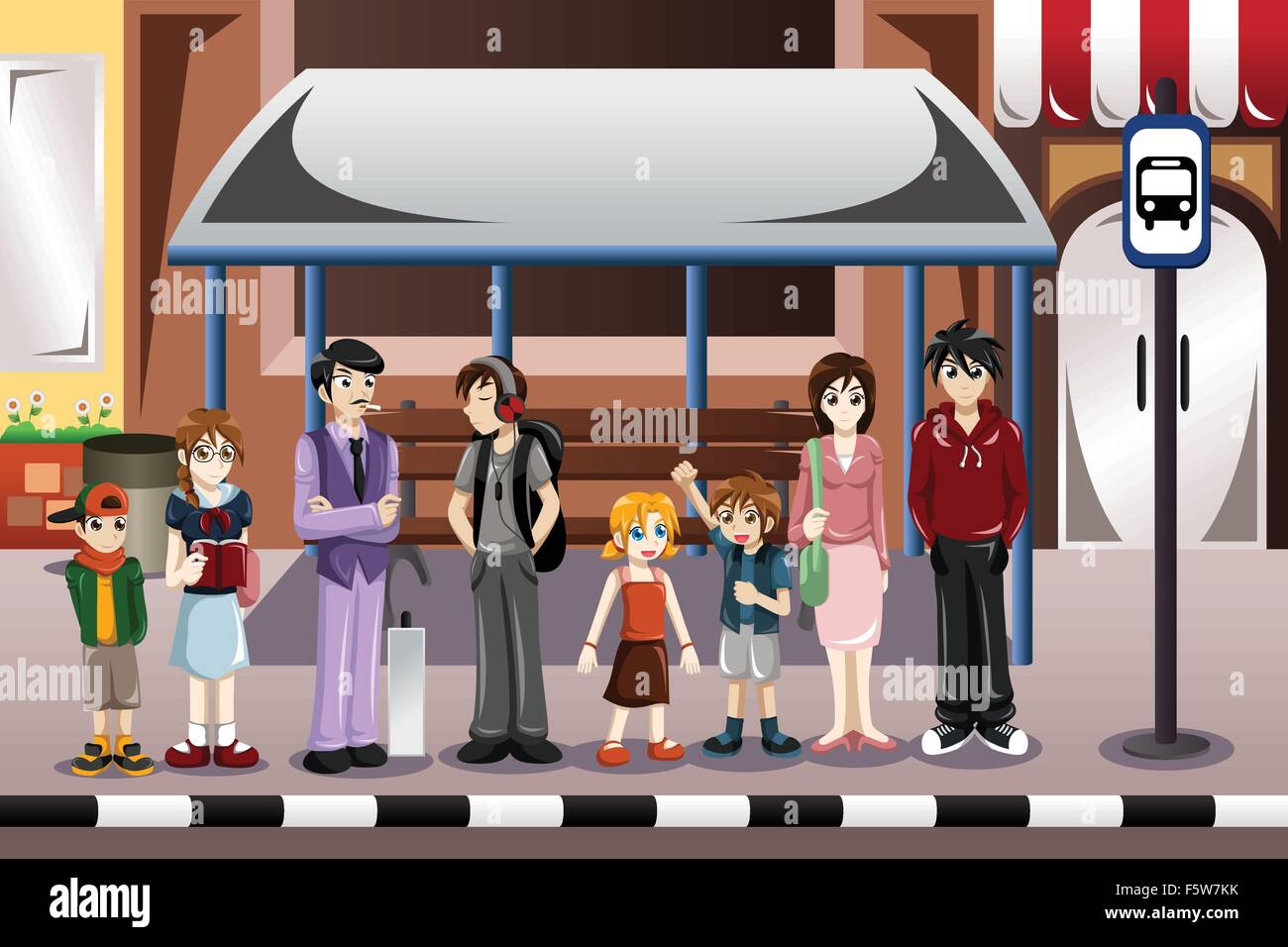 A vector illustration of people waiting for a bus in a bus stop Stock Vector Image & Art Alamy