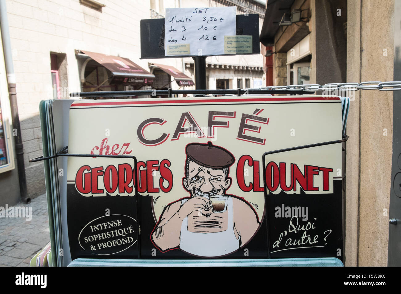 Cafe Georges Clounet, a play on words of famous Holywood actor George Clooney,metal sign within touristy Carcassonne Cite,Aude, Stock Photo