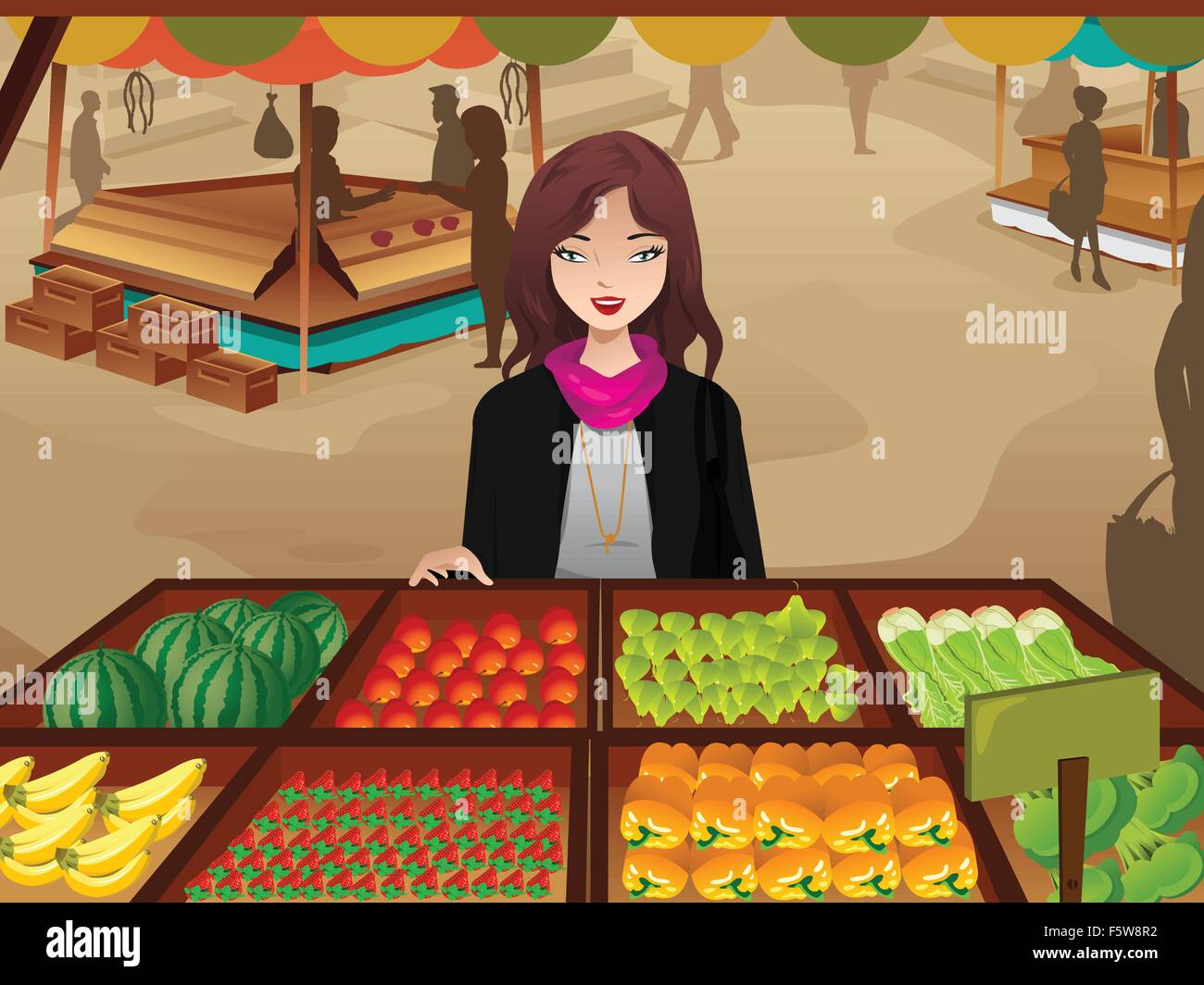 A vector illustration of beautiful woman shopping at a farmers market ...
