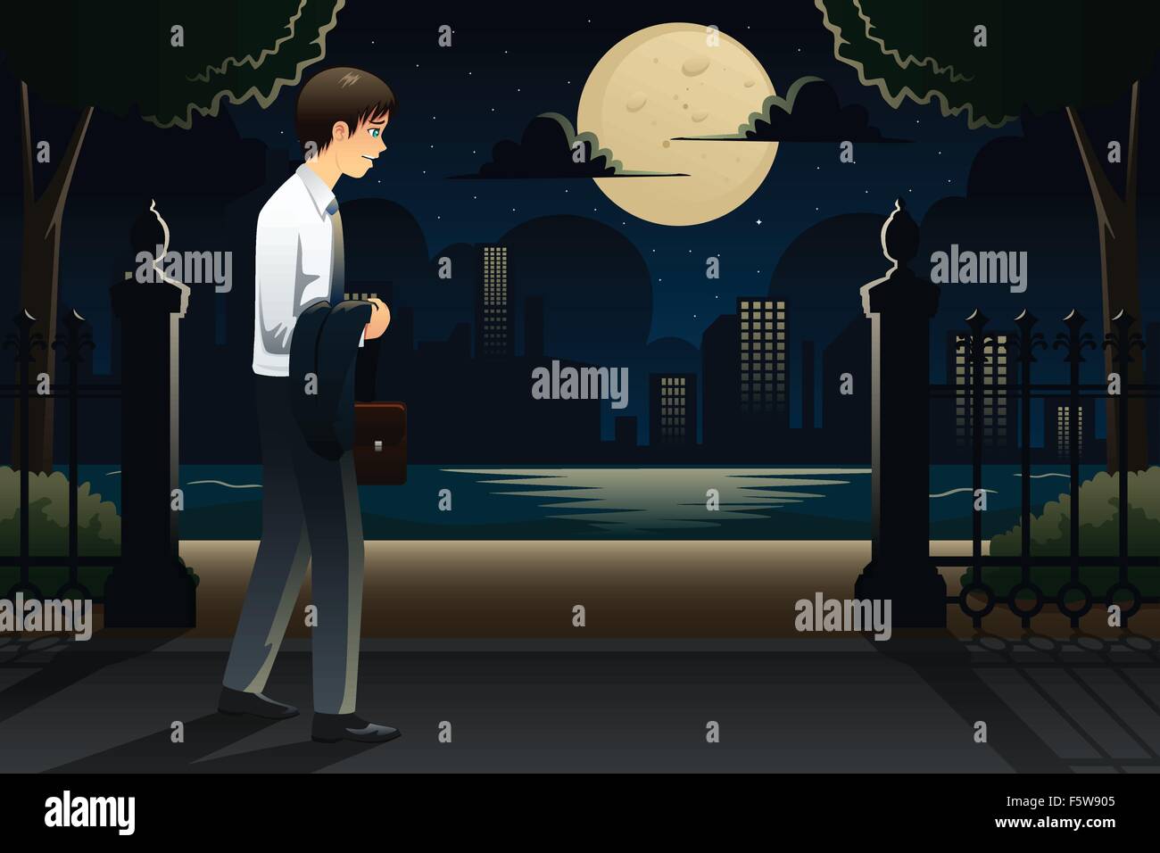 A vector illustration of businessman coming home late from work Stock Vector