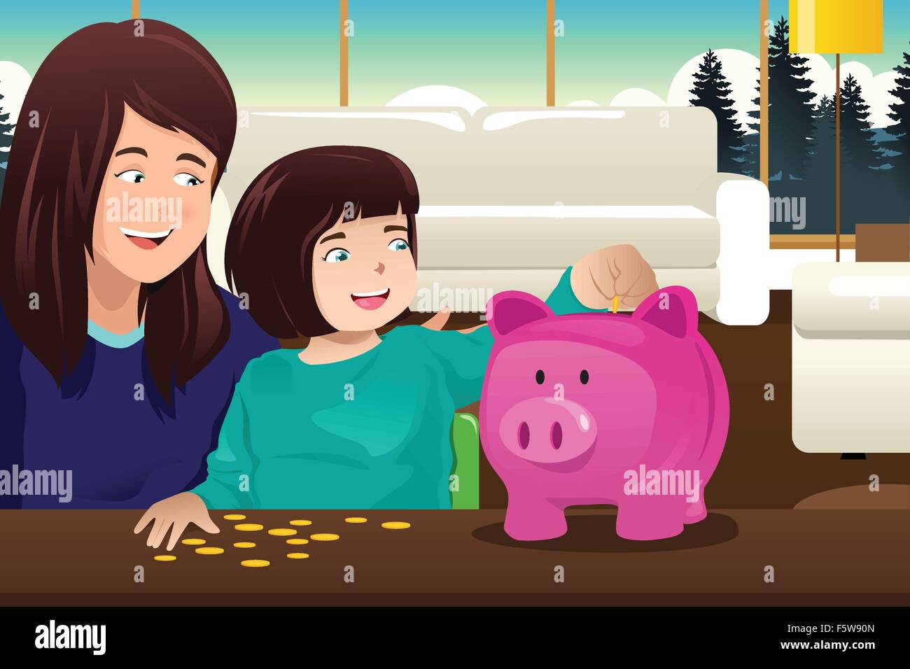 A vector illustration of Mother and daughter saving money to a piggy bank Stock Vector