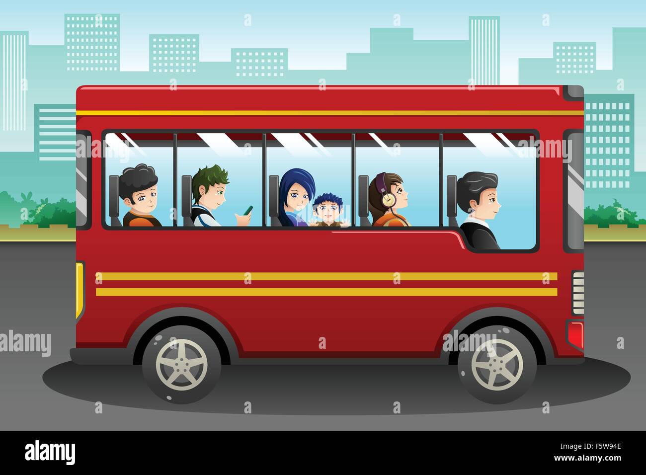 A vector illustration of different people riding a bus Stock Vector