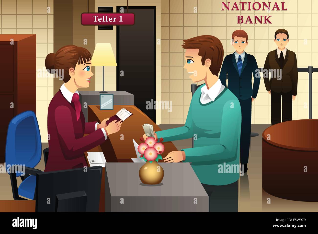 A vector illustration of bank teller servicing a customer in the bank