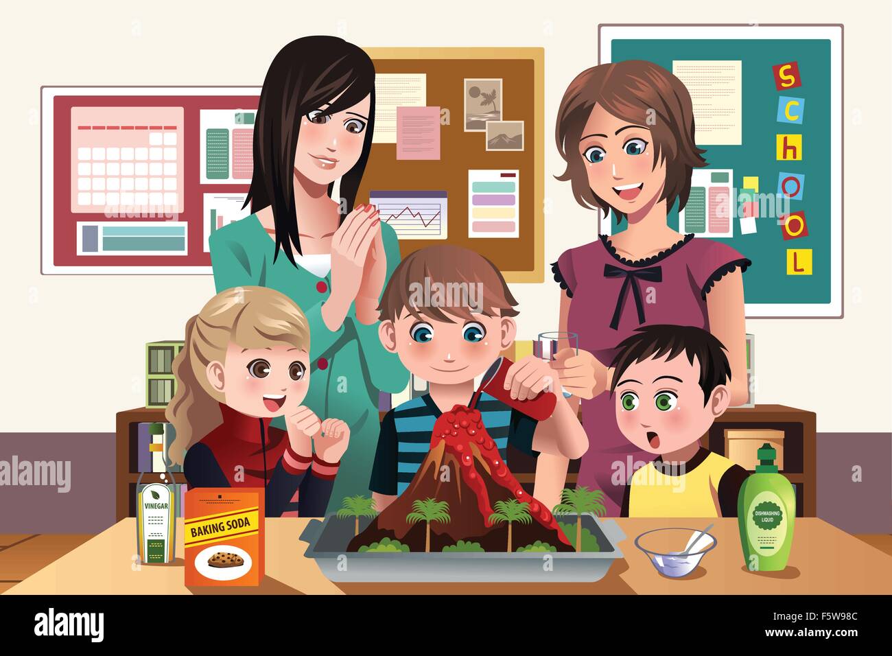 A vector illustration of elementary students doing a volcano experiment at school Stock Vector