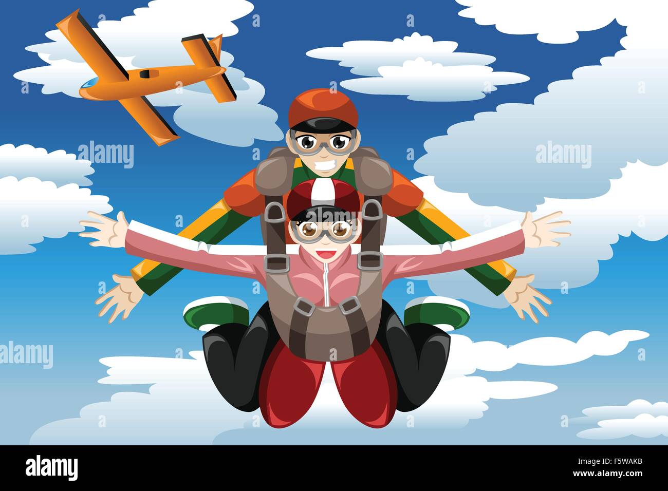 A vector illustration of people doing tandem skydiving Stock Vector
