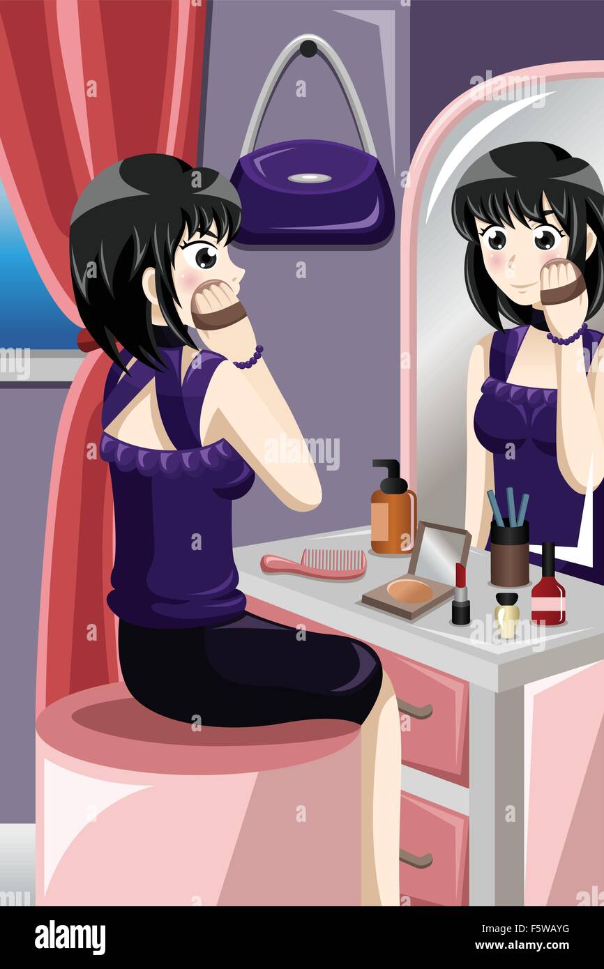 Cartoon beautiful girl applying makeup hires stock photography and