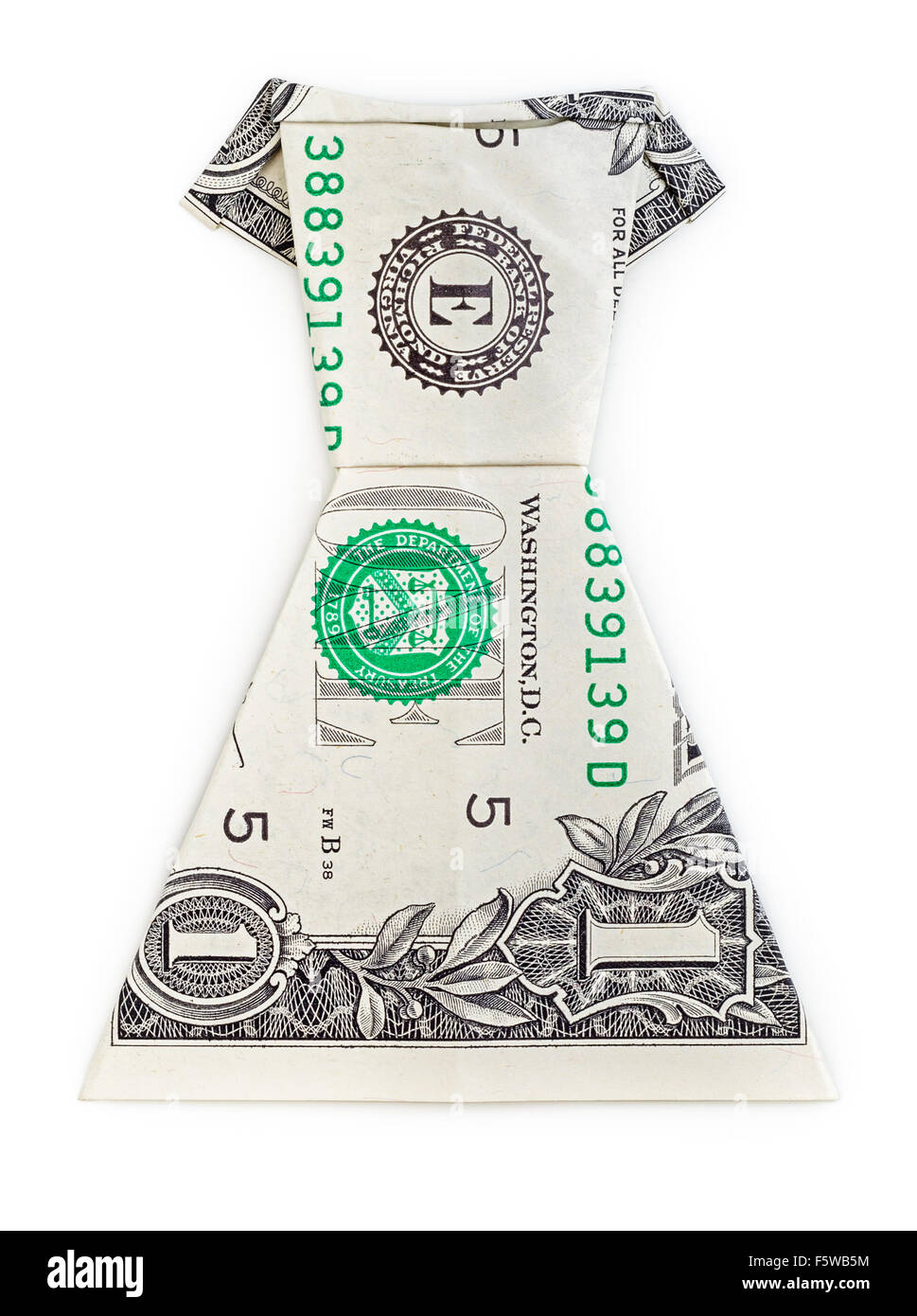 Dollar origami dress isolated on white background. Moneygami. Stock Photo