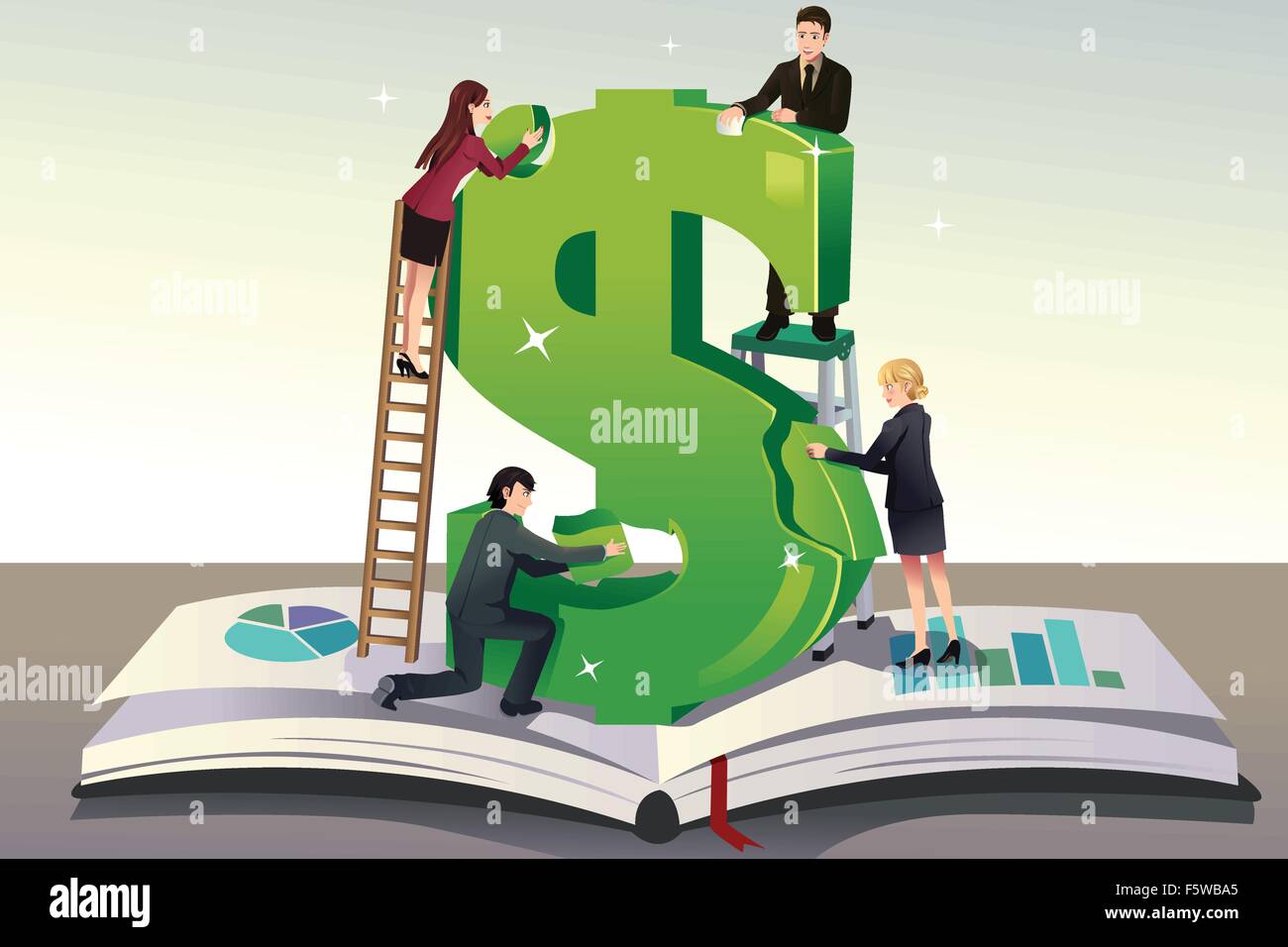 A vector illustration of group of young businessman solving puzzle for a teamwork concept Stock Vector