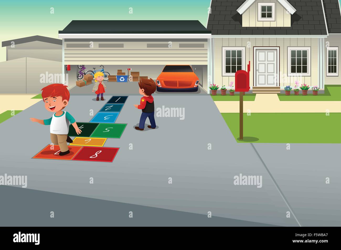 A vector illustration of kids playing hopscotch on the driveway of a suburban house Stock Vector