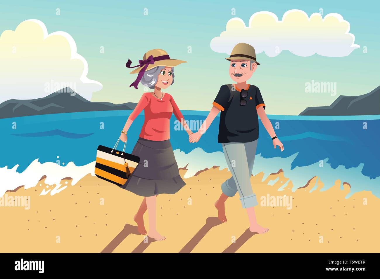 A vector illustration of senior couple walking on the beach Stock Vector