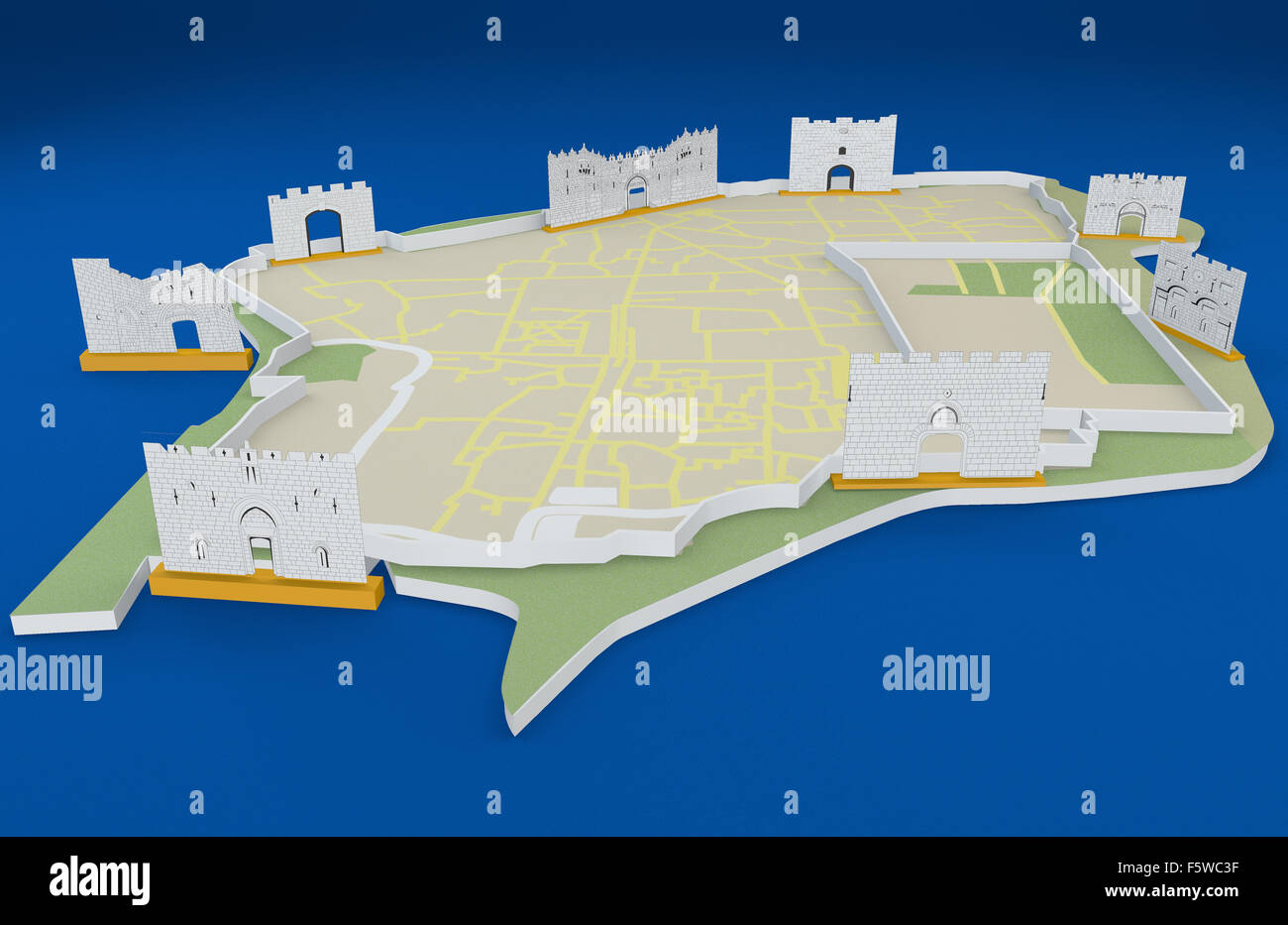 Illustration of Old City map with eight gates in Jerusalem, Israel on