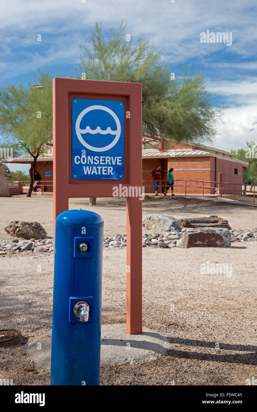 Rimrock, Arizona - A sign asks travelers to conserve water at a rest area on Interstate 17. Stock Photo