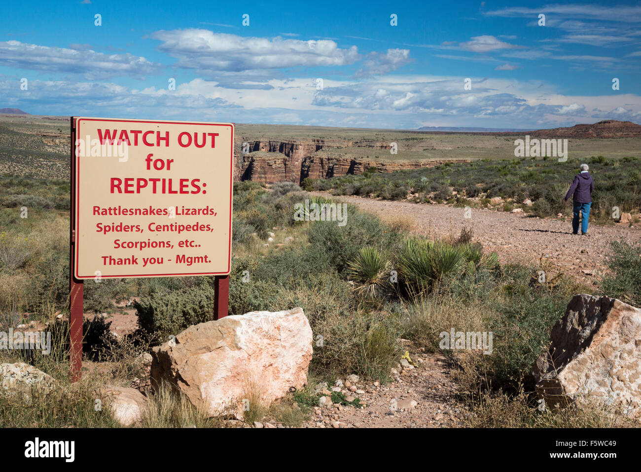 Cameron, Arizona - A list of hazards facing the unwary traveler is posted at a Little Colorado River Gorge overlook. Stock Photo