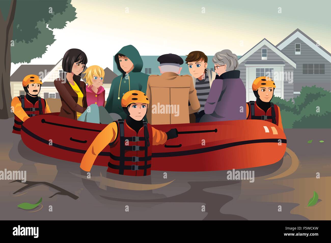 A vector illustration of rescue team helping people by pushing a boat through a flooded road Stock Vector