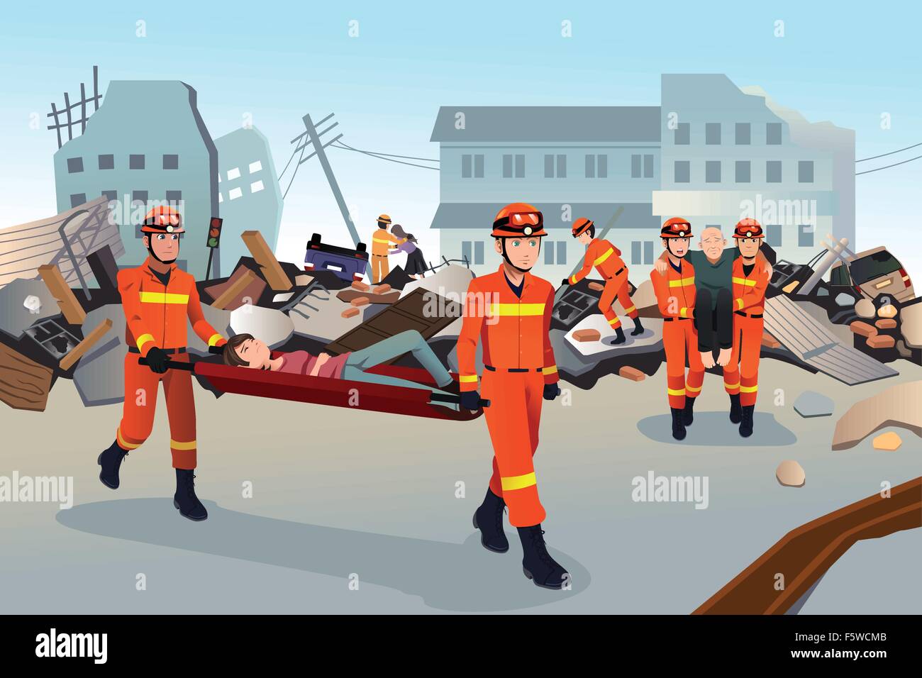 A vector illustration of rescue teams searching through the