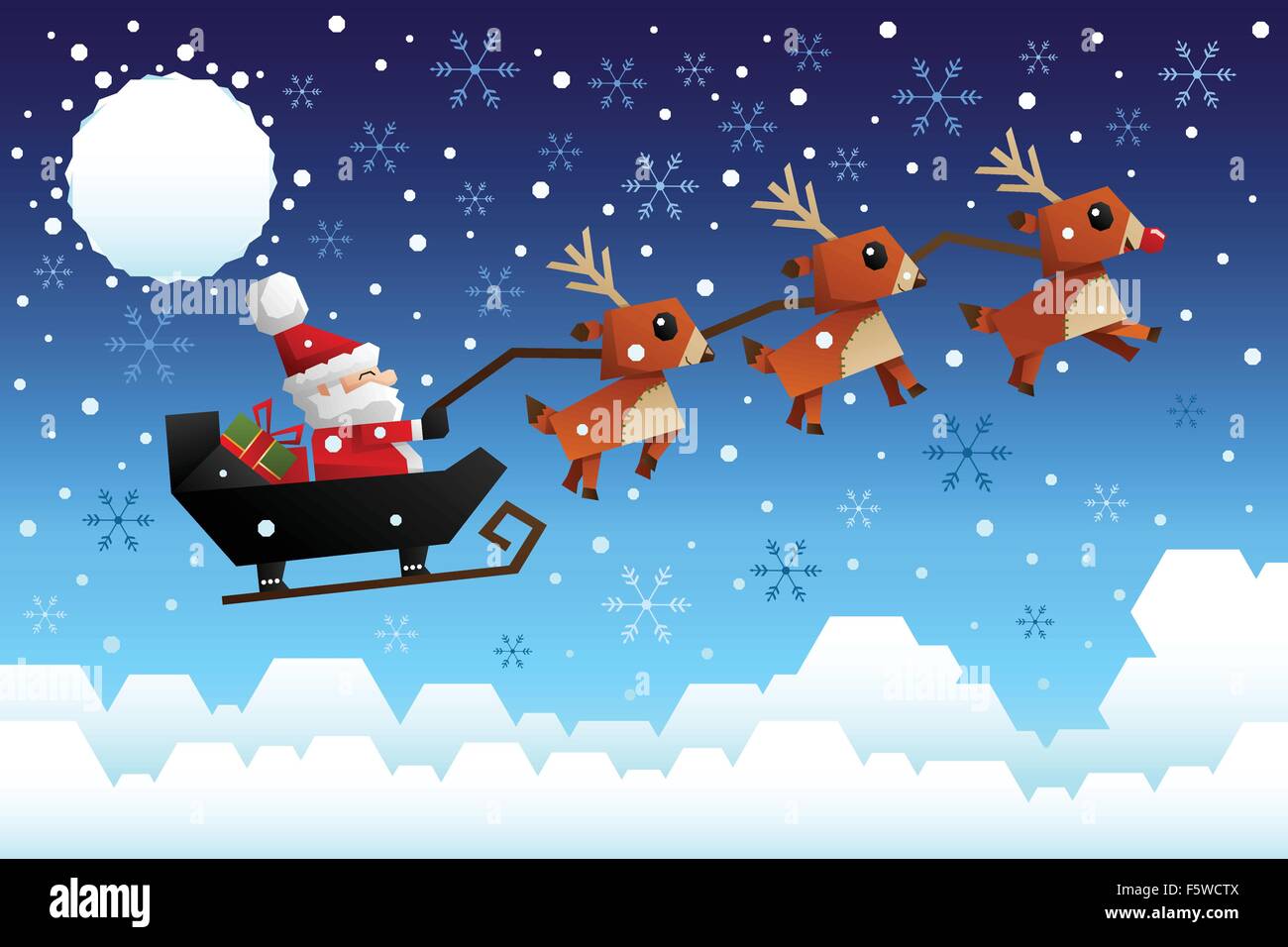 A vector illustration of Santa Claus riding the sleigh pulled by ...