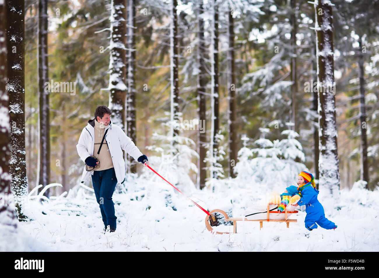 Father and kids enjoy sleigh ride in winter forest. Baby boy and ...