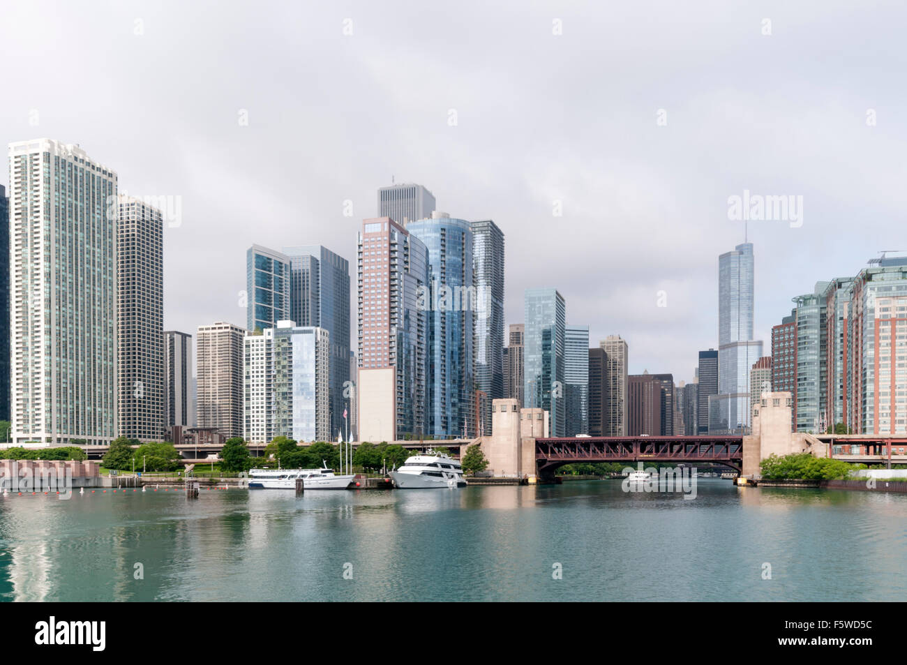 View of skyscrapers along the Chicago River where Lake Shore Drive