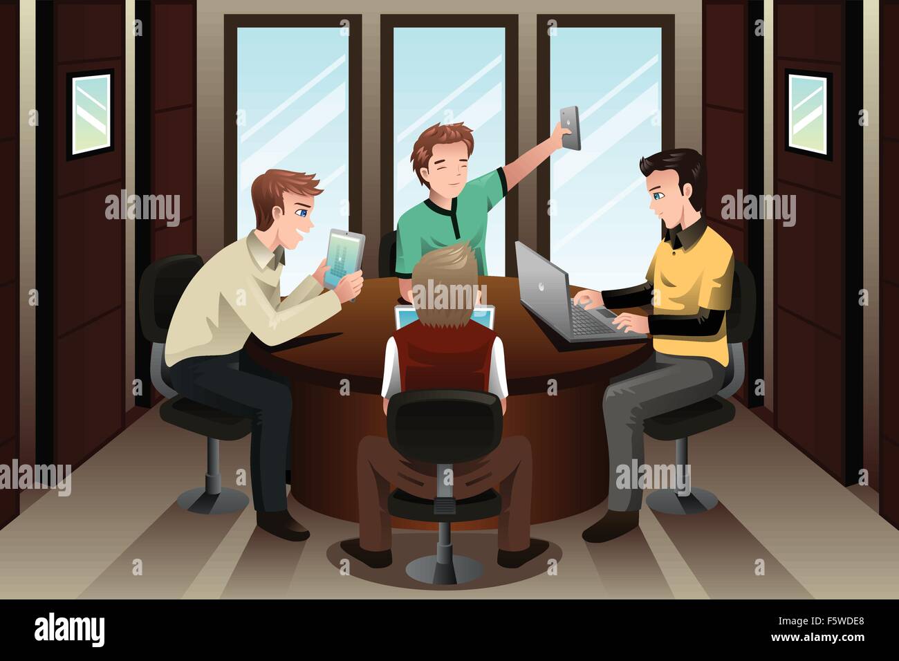 A vector illustration of young businessmen sitting on a table in the office working with their electronic gadgets Stock Vector